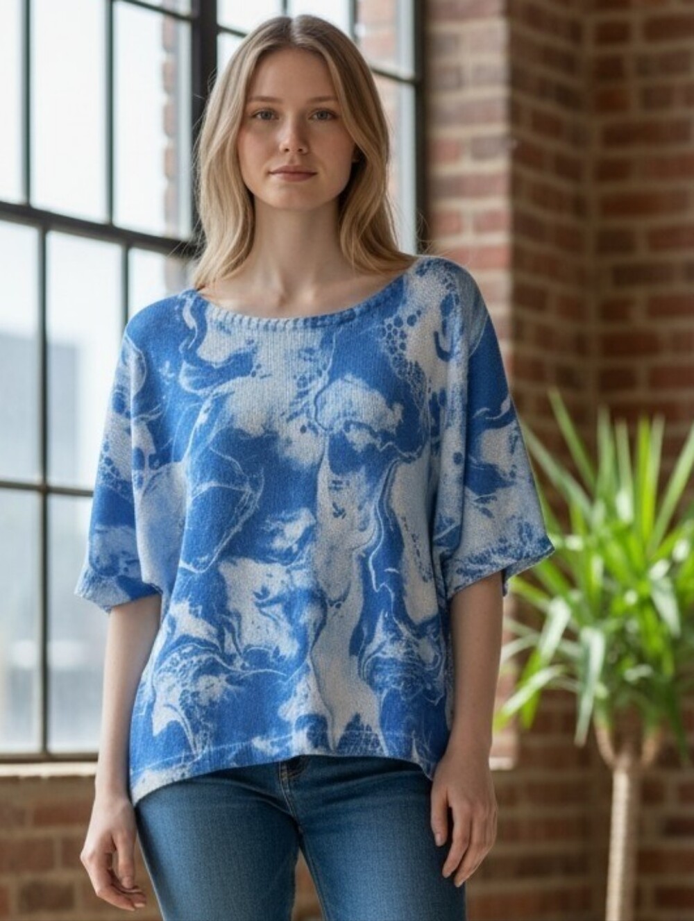 Luisa Ricci Blue Marble Print Women's Short Sleeve Top. Made In Italy.